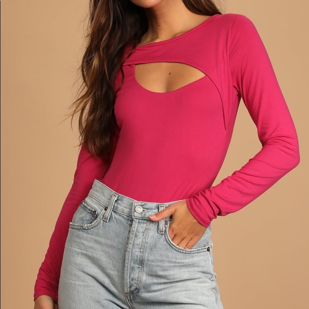 LLulus Magenta Long Sleeve Cutout Bodysuit